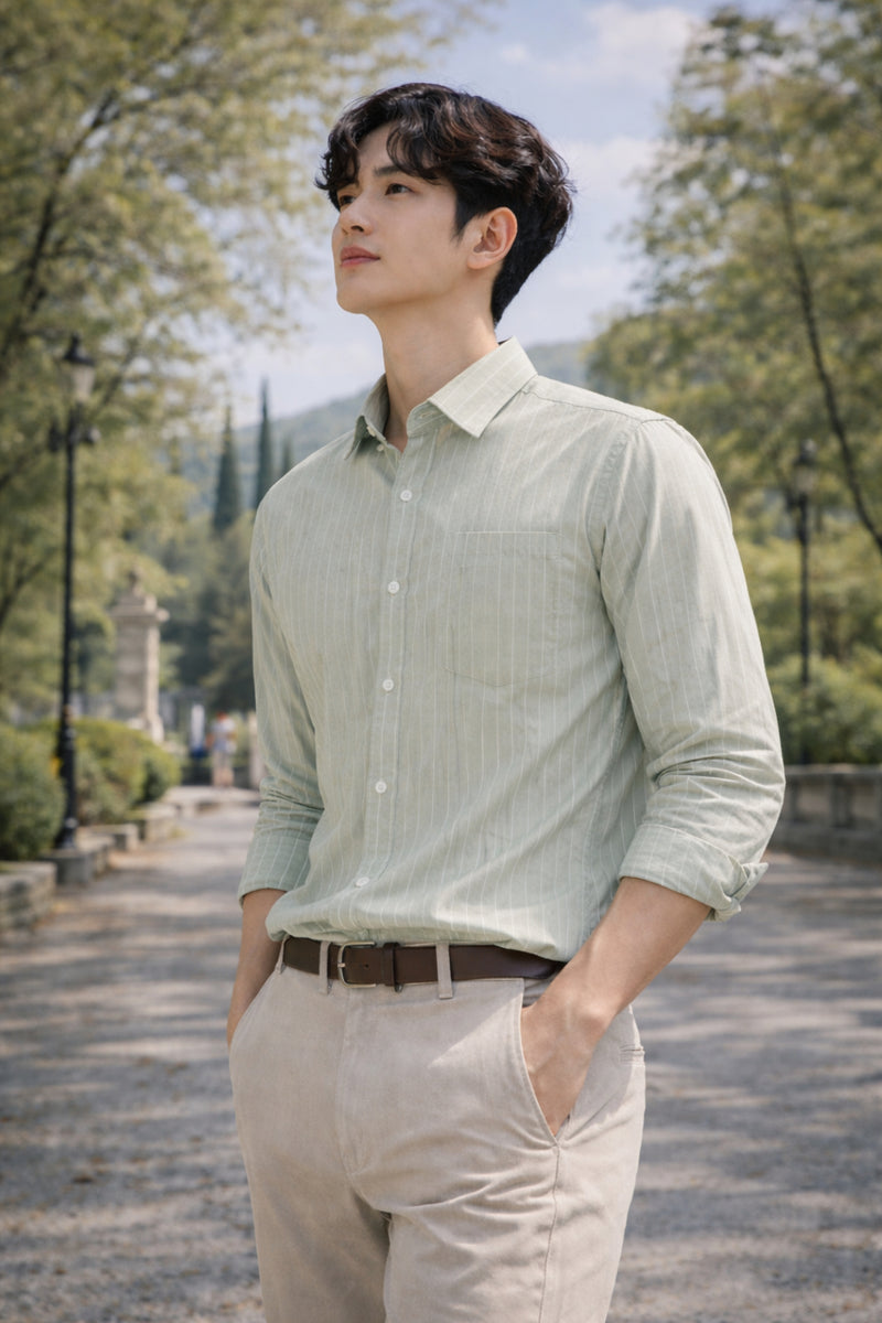 Mens Light Green Striped Slim Fit Casual Shirt 8