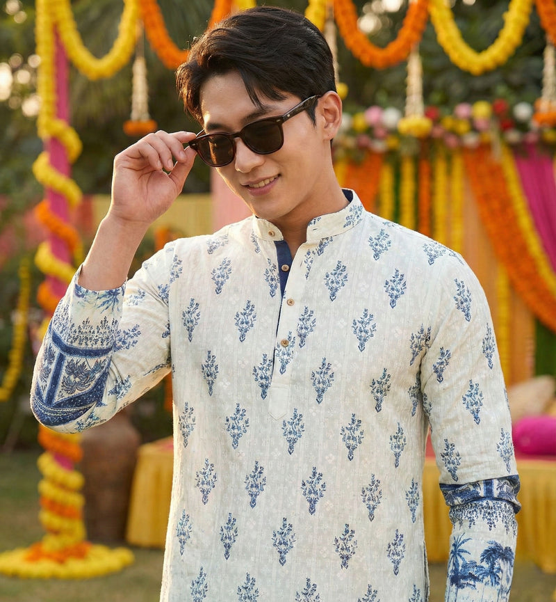Men’s Cream & Blue Ethnic Motif Printed Kurta 6
