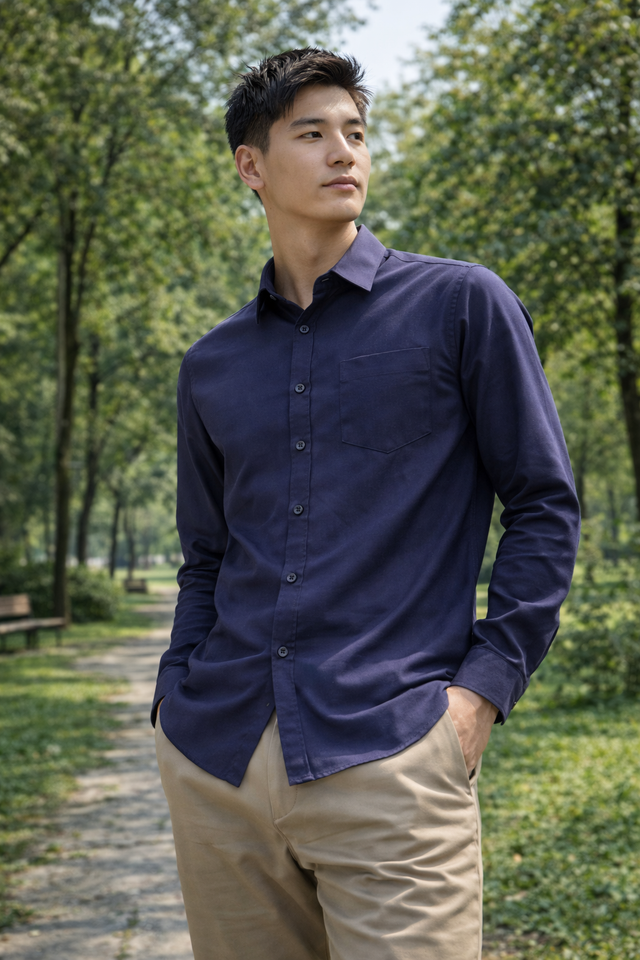 Men's dark blue slim-fit casual shirt, product view