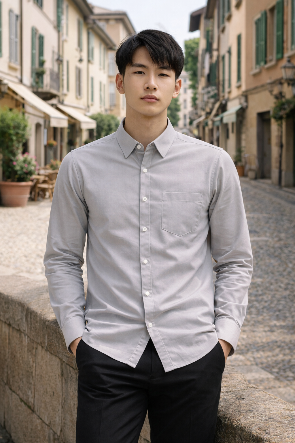 Men's light grey slim-fit casual shirt, product view