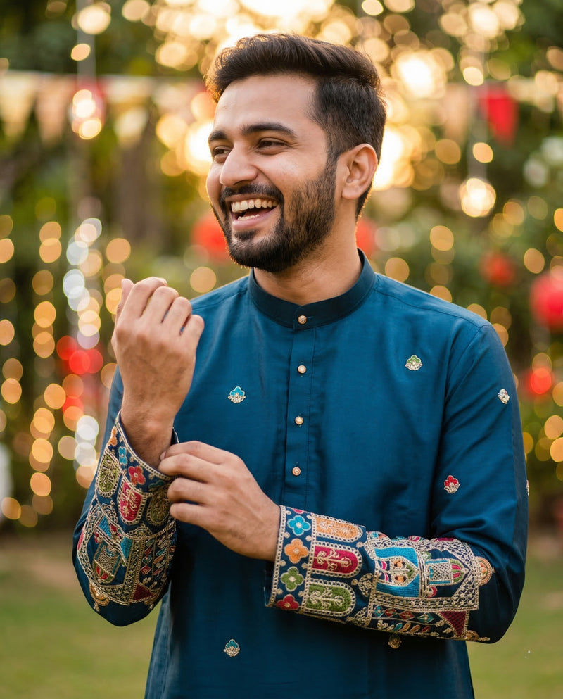 Men Blue Kurta for Festive & Wedding Wear with Ethnic Border 7