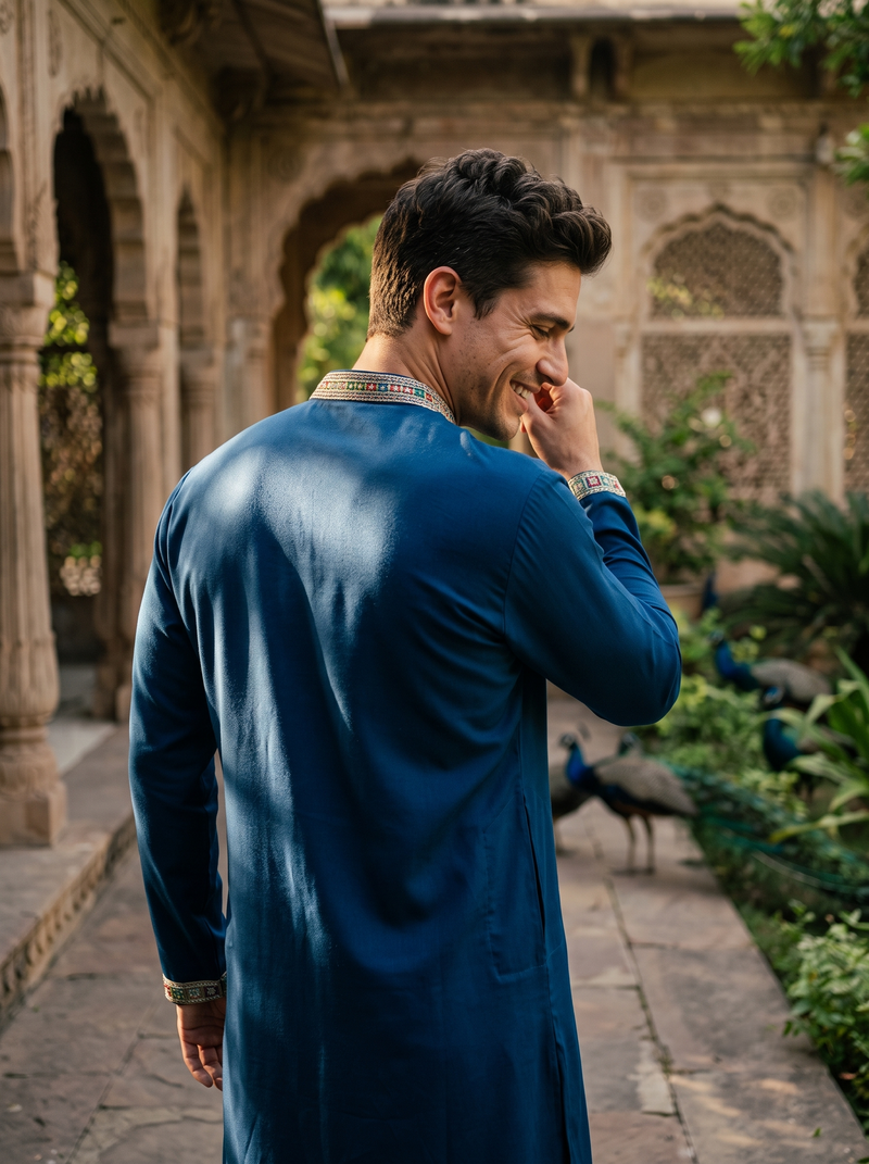 Men's Navy Floral Embroidered Art Silk Blend Kurta 6