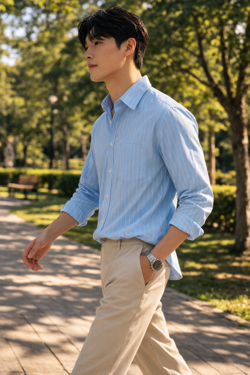 Mens Light Blue Striped Slim Fit Casual Shirt 8