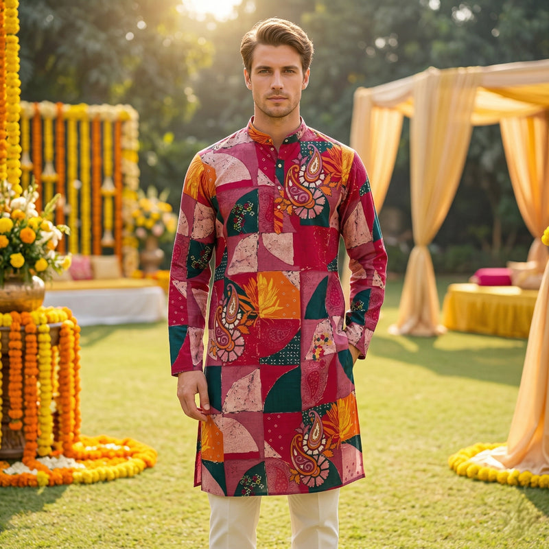 Men’s Maroon Patchwork Printed Kurta 3