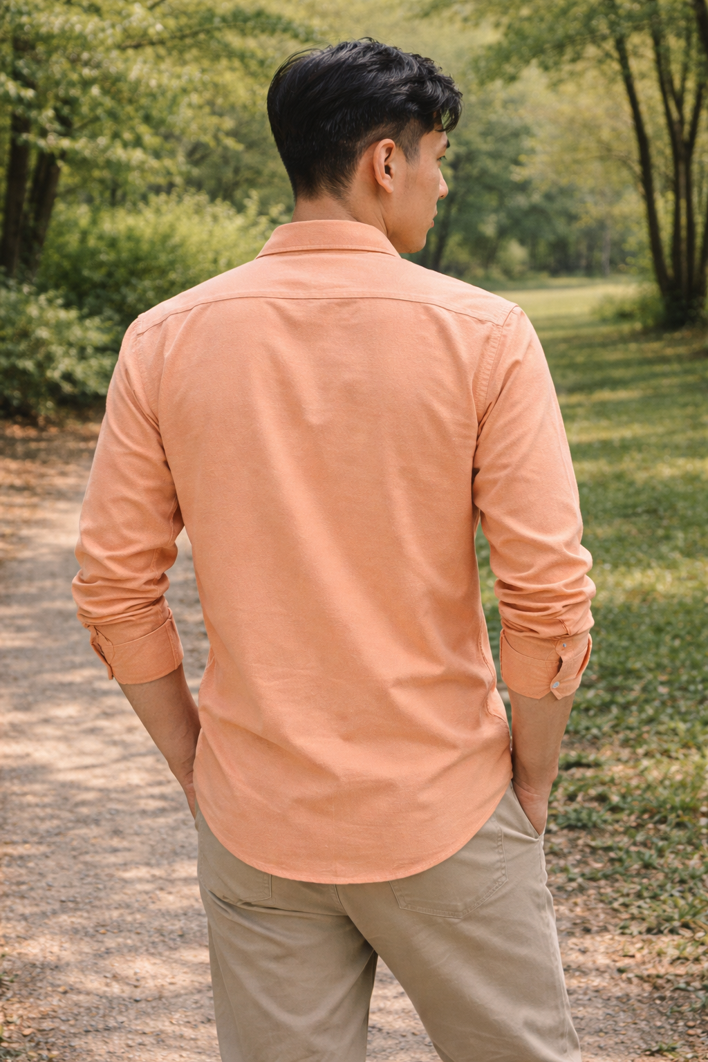 Men's peach slim-fit casual shirt, product view