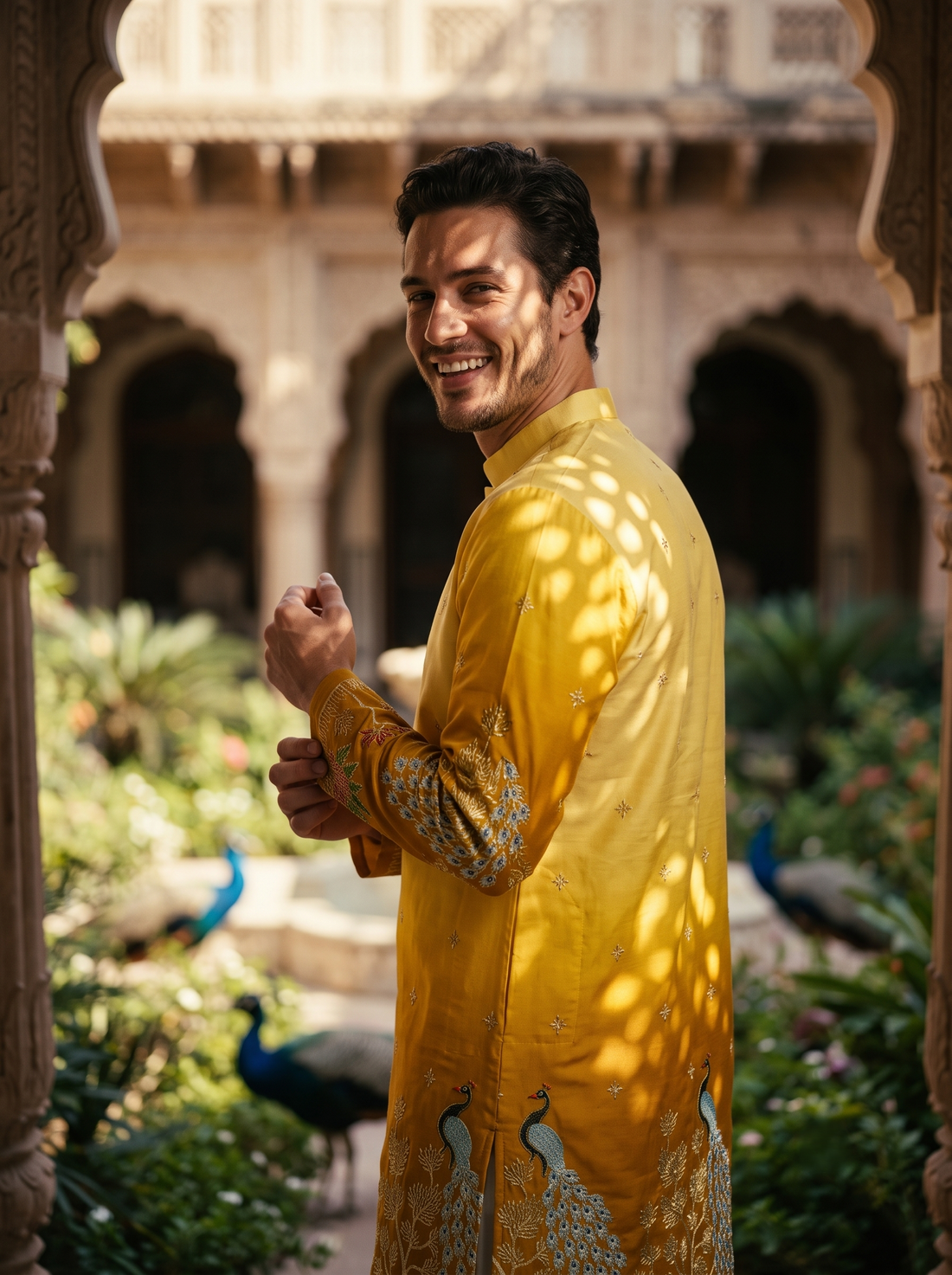 Men's Festive Yellow Ombre Art Silk Kurta with Peacock & Forest Embroidery