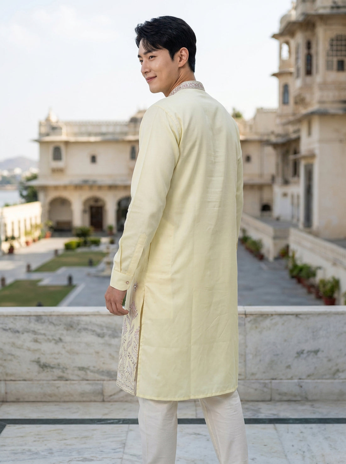 Men's Ivory Art Silk Blend Festive Embroidered Kurta