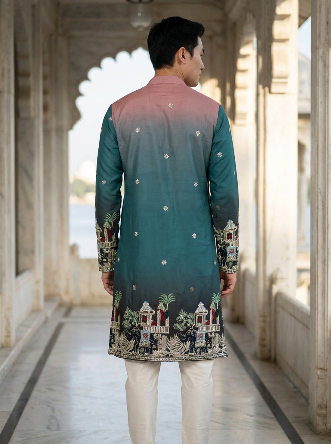 Men's Ombre Teal-Pink Kurta with Intricate Folk Art Embroidery