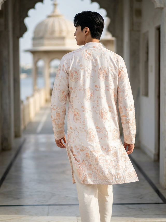 Men's Ivory Embroidered Art Silk Blend Festive Kurta
