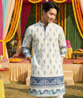 Men’s Cream & Blue Ethnic Motif Printed Kurta