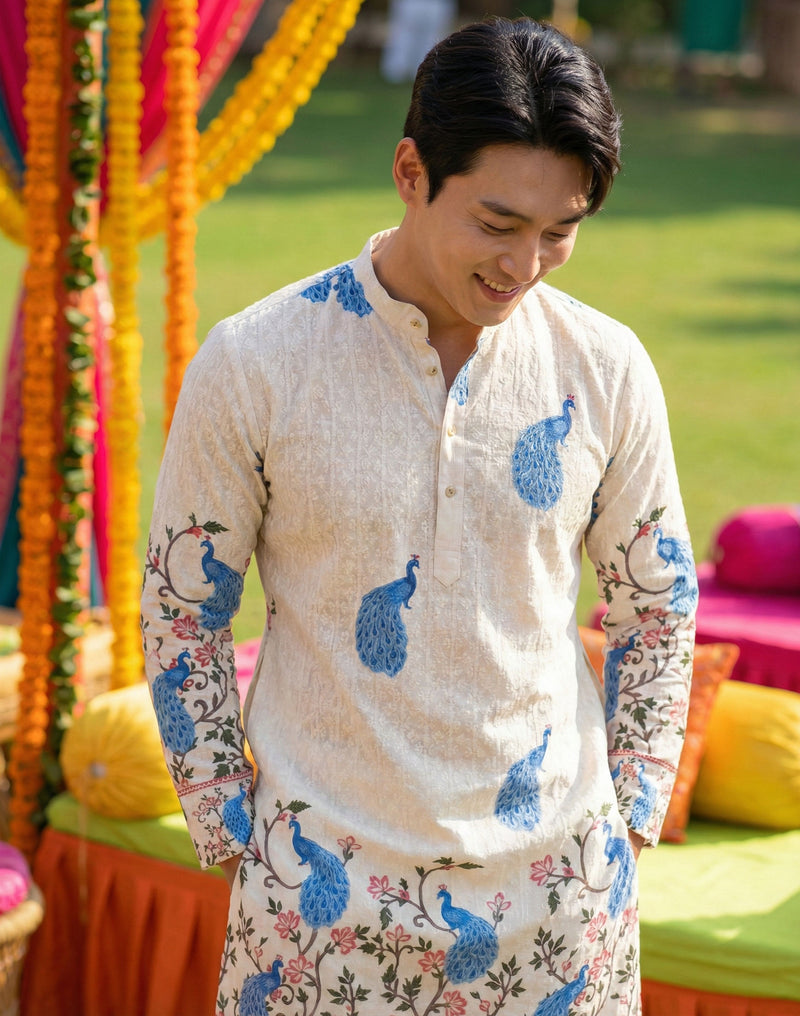 Men’s Cream Peacock Motif Printed Kurta 3