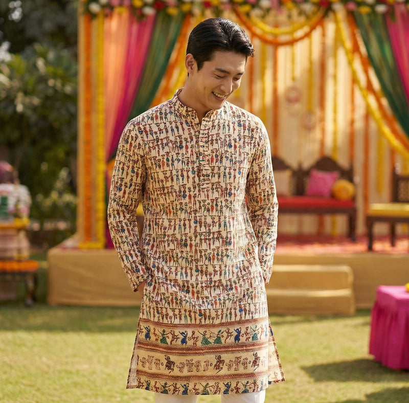 Men’s Cream Figurative Printed Kurta 3
