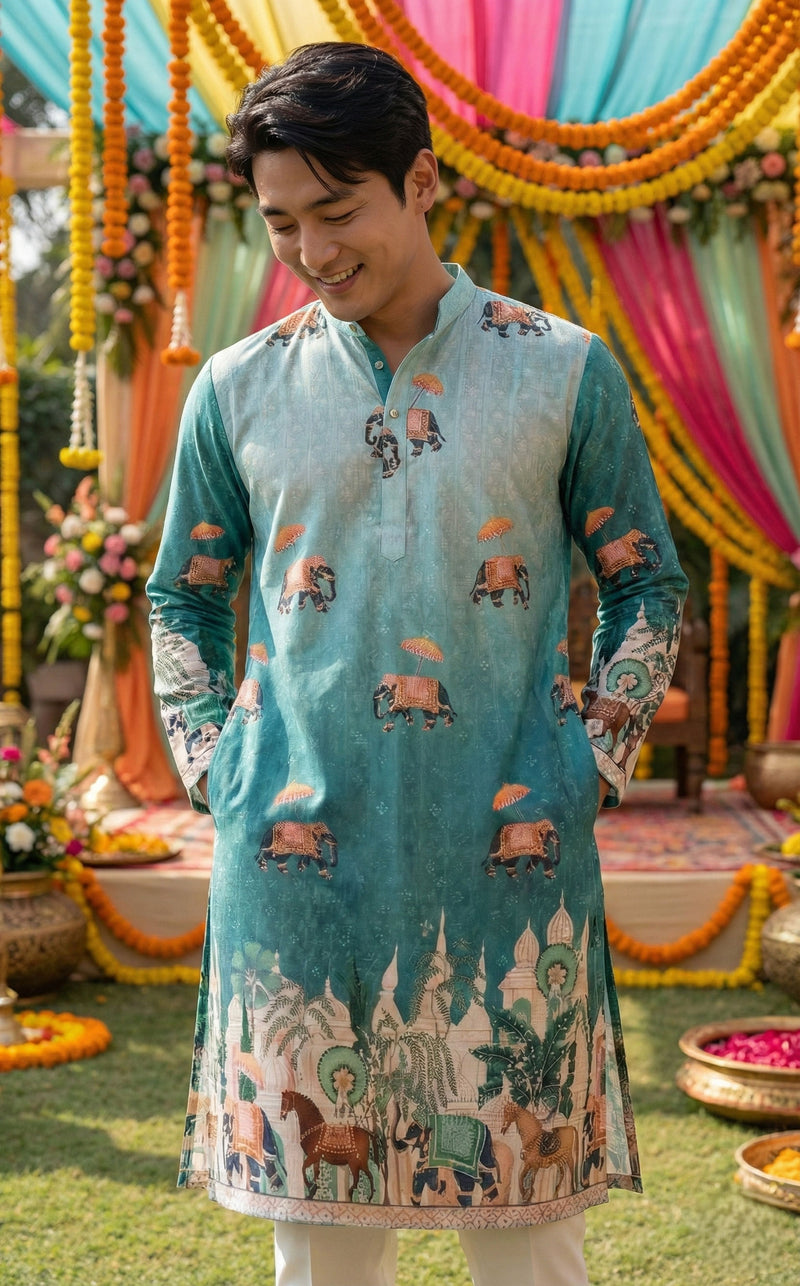 Men’s Blue Elephant Motif Printed Kurta 5