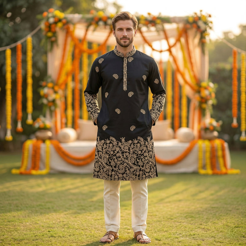 Men Black Embroidered Ethnic Kurta with Gold Detailing 3