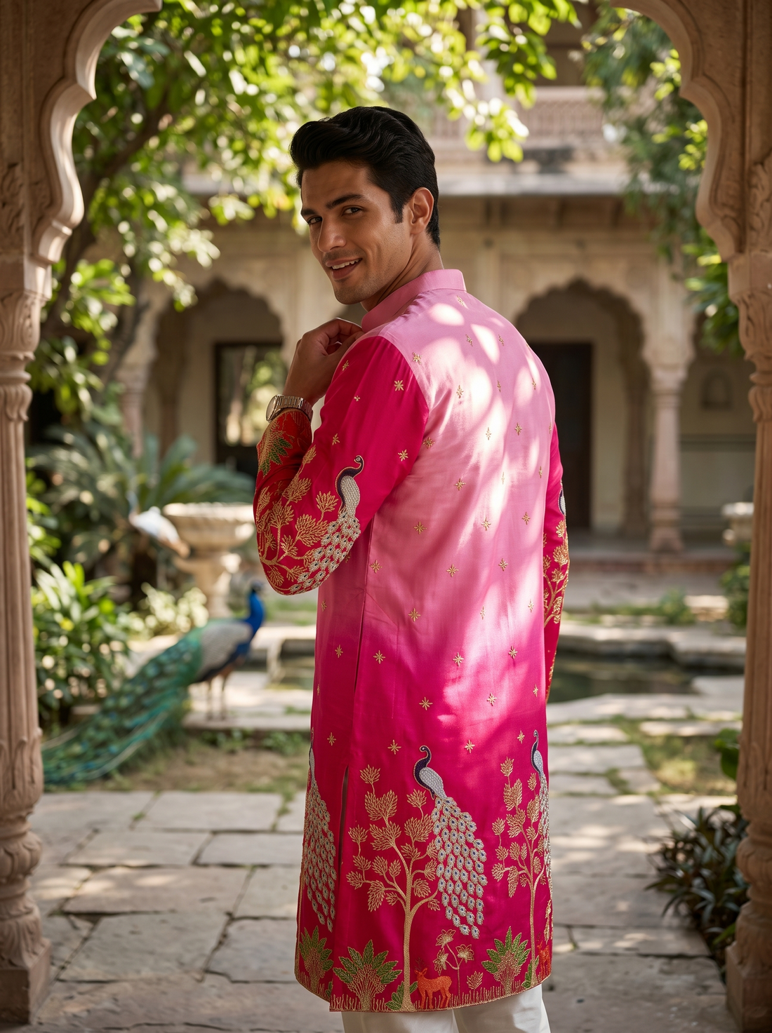 Men's Ombre Pink Peacock Embroidered Art Silk Kurta