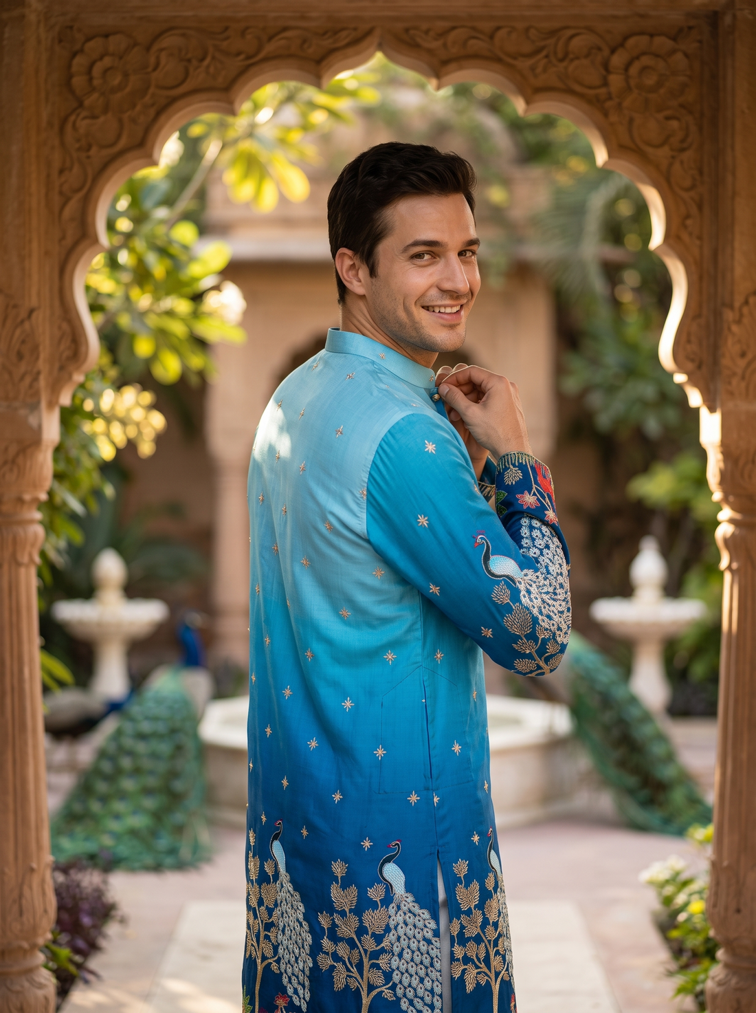 Men's Ombre Blue Peacock & Forest Embroidered Art Silk Kurta