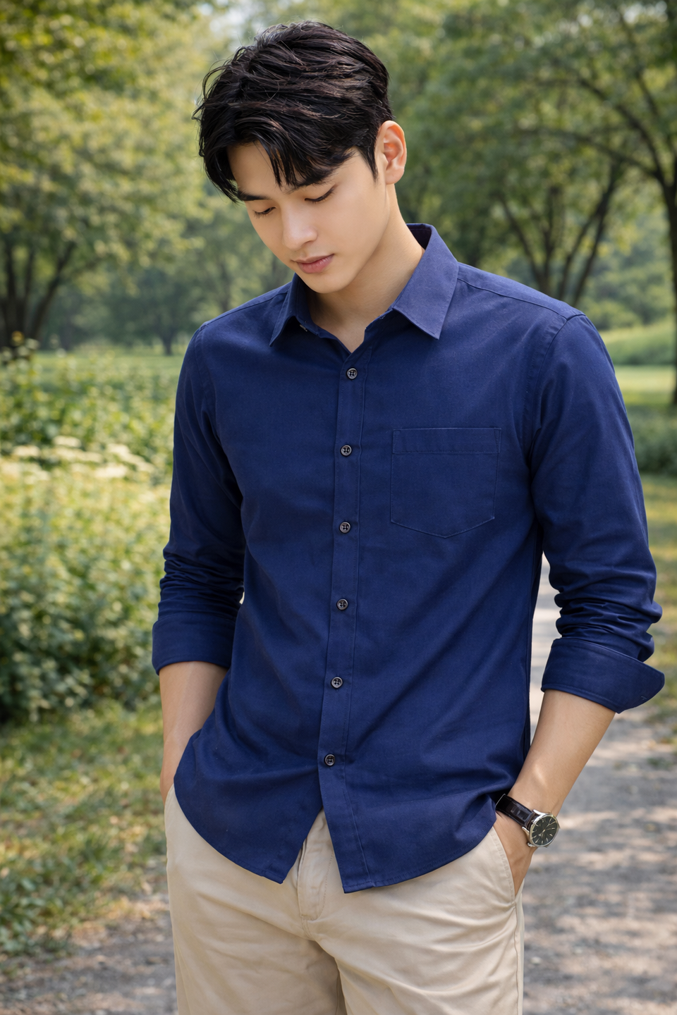 Mens Navy Blue Slim Fit Casual Shirt