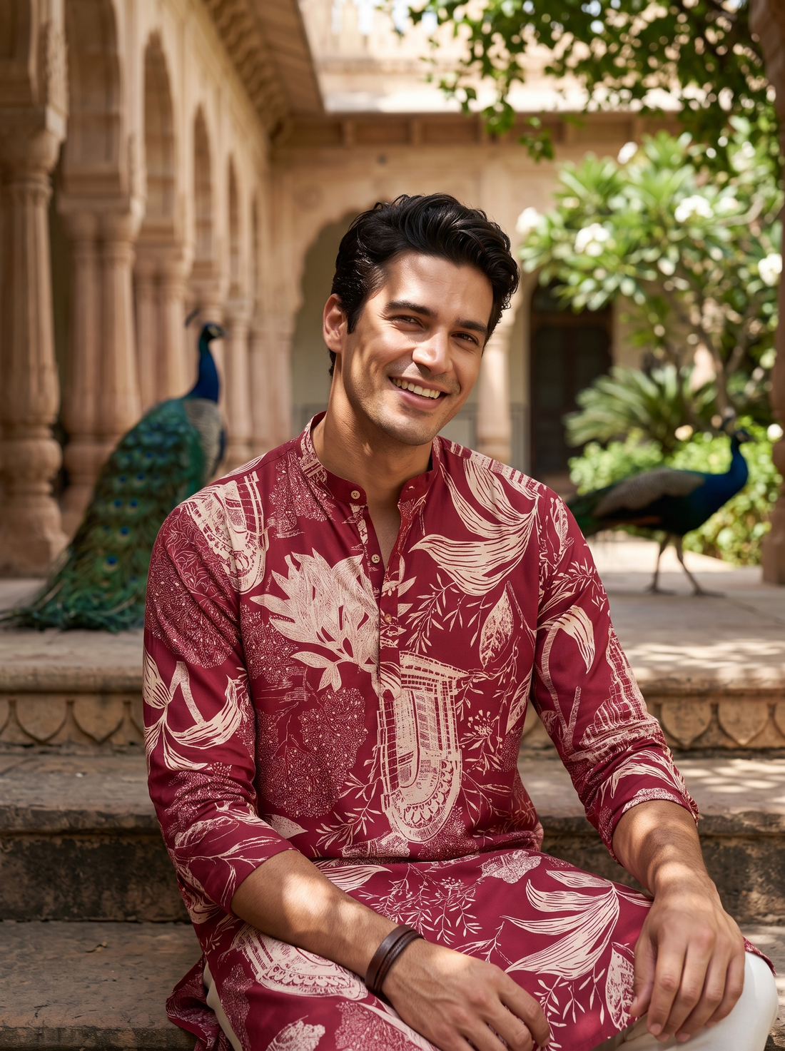 Men's Maroon Floral & Architectural Print Art Silk Blend Kurta