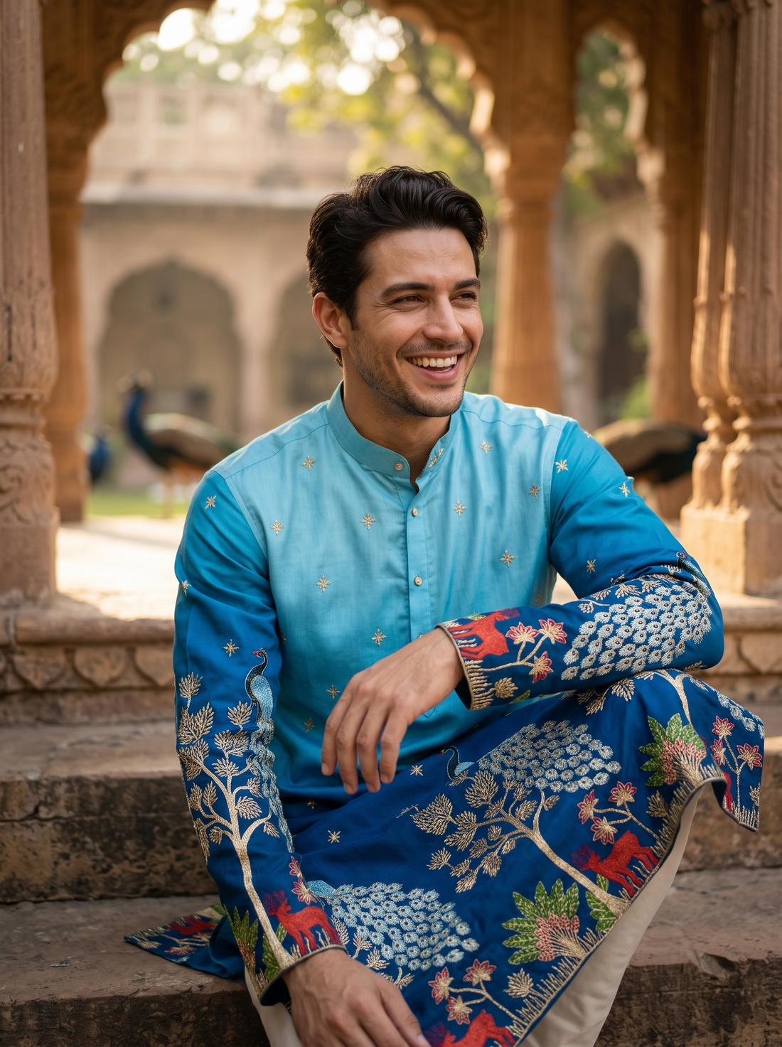 Men's Ombre Blue Peacock & Forest Embroidered Art Silk Kurta