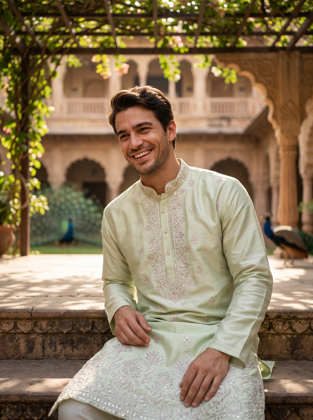 Men's Pistachio Green Embroidered Art Silk Kurta