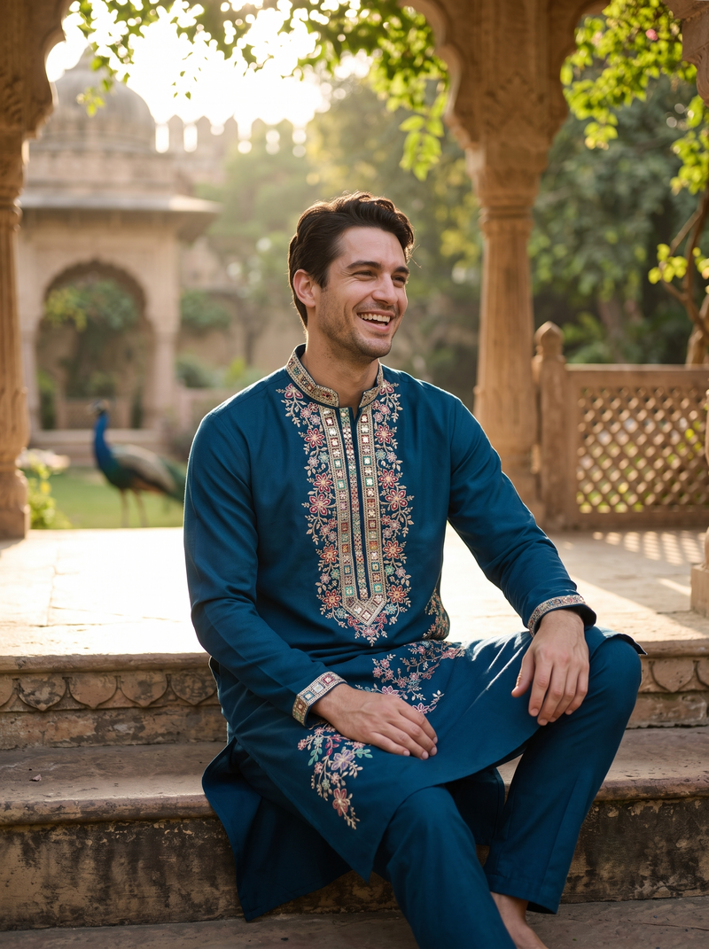 Men's Navy Floral Embroidered Art Silk Blend Kurta 7