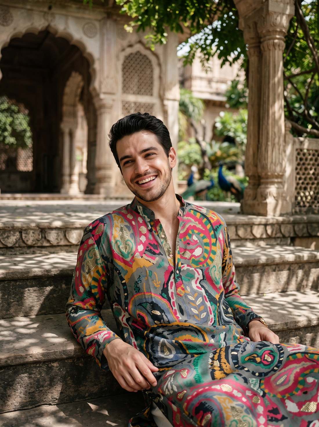 Men's Vibrant Multicolor Paisley Print Art Silk Blend Kurta
