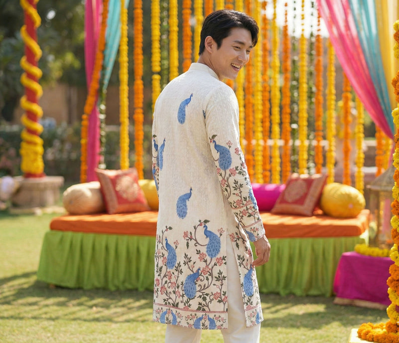 Men’s Cream Peacock Motif Printed Kurta 4