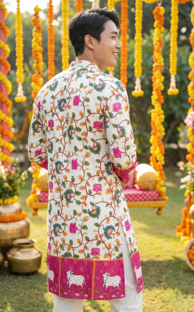 Men’s Off-White Floral Border Printed Kurta