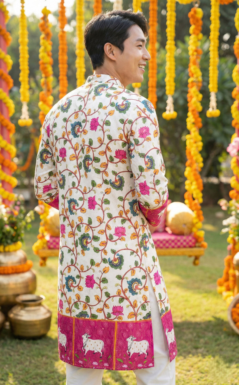 Men’s Off-White Floral Border Printed Kurta 4