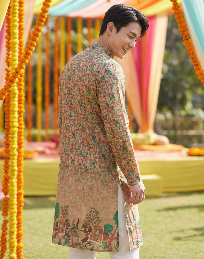 Men’s Beige Village Motif Printed Kurta 8