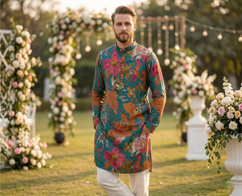 Men Teal Green Floral Printed Kurta 7