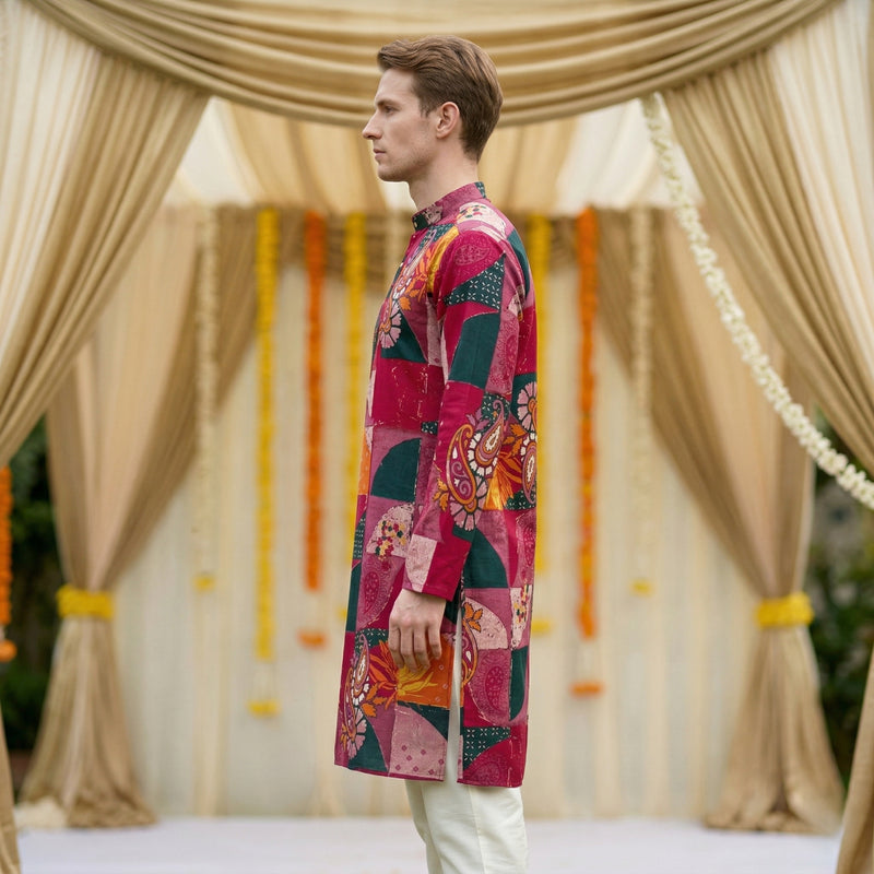 Men’s Maroon Patchwork Printed Kurta 8