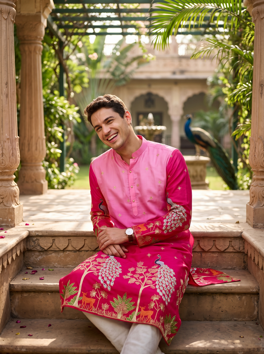 Men's Ombre Pink Peacock Embroidered Art Silk Kurta