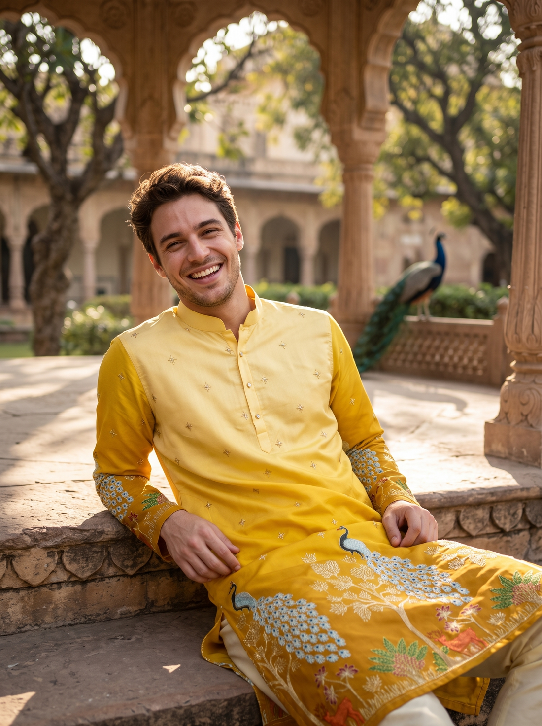 Men's Festive Yellow Ombre Art Silk Kurta with Peacock & Forest Embroidery