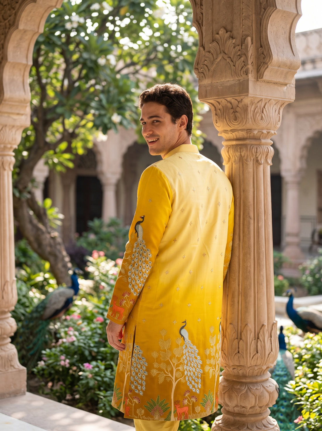 Men's Festive Yellow Ombre Art Silk Kurta with Peacock & Forest Embroidery