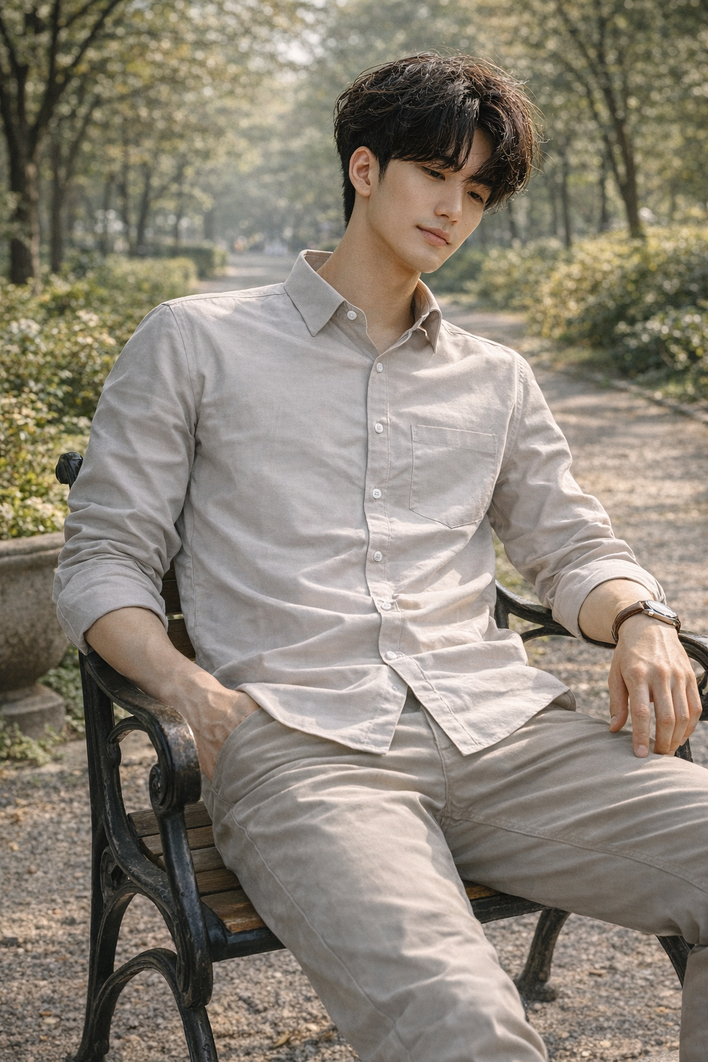 Men's cream slim-fit casual shirt, product view