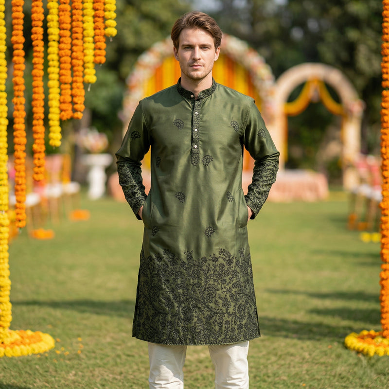 Men Olive Green Embroidered Ethnic Kurta 4