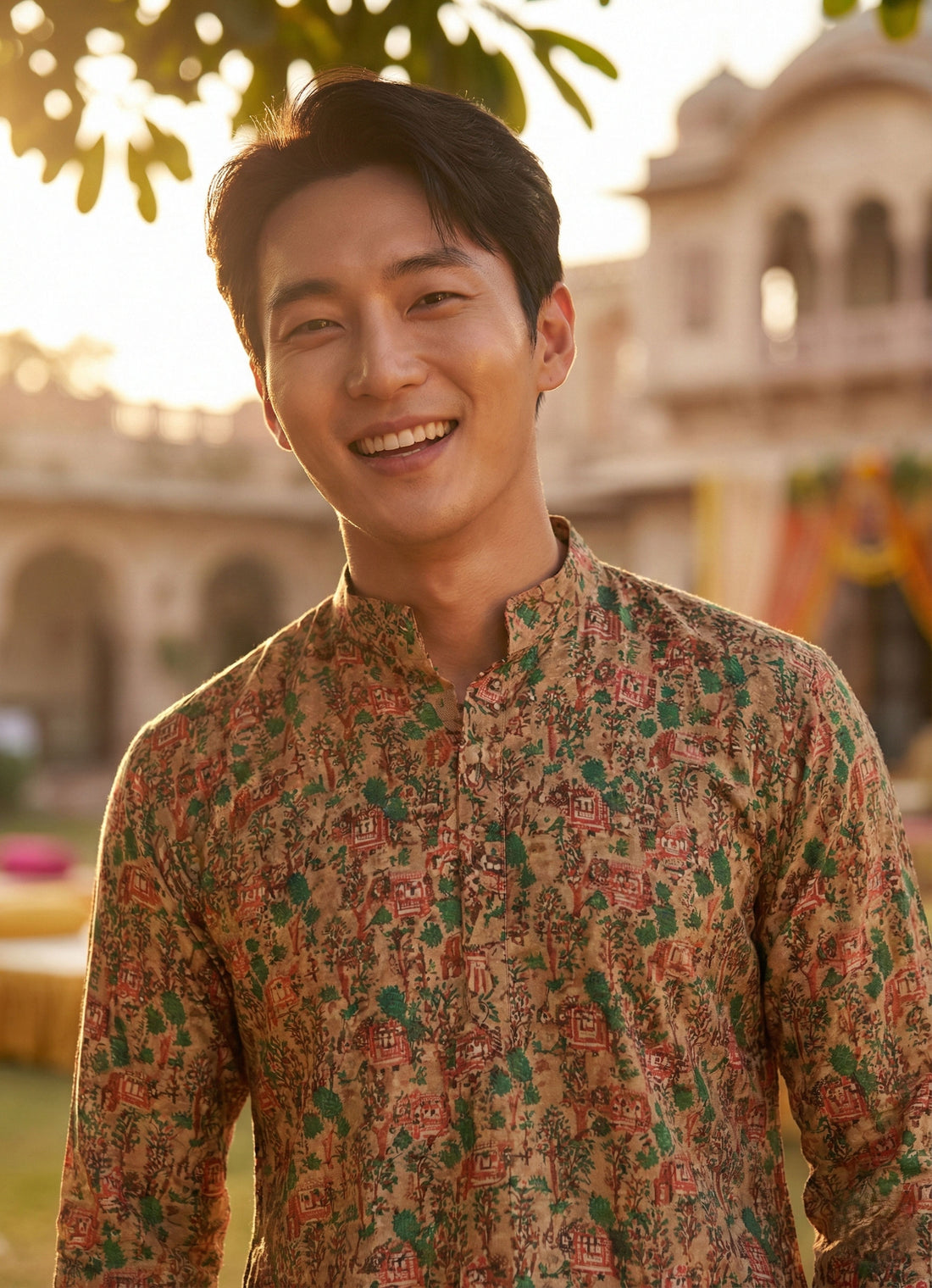Men’s Beige Village Motif Printed Kurta