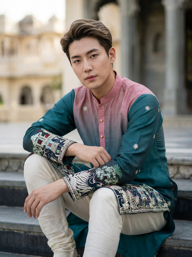 Men's Ombre Teal-Pink Kurta with Intricate Folk Art Embroidery 1