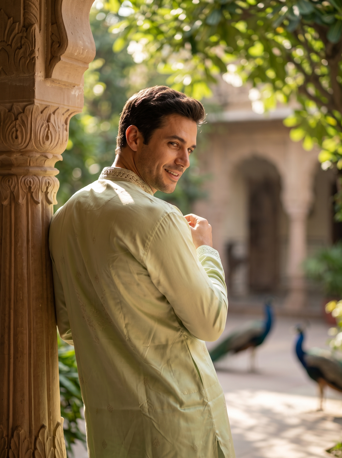 Men's Pistachio Green Embroidered Art Silk Kurta