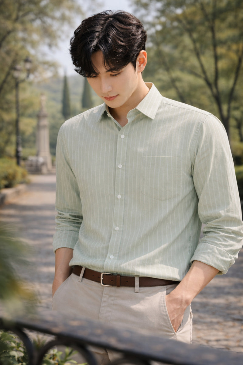Mens Light Green Striped Slim Fit Casual Shirt 1