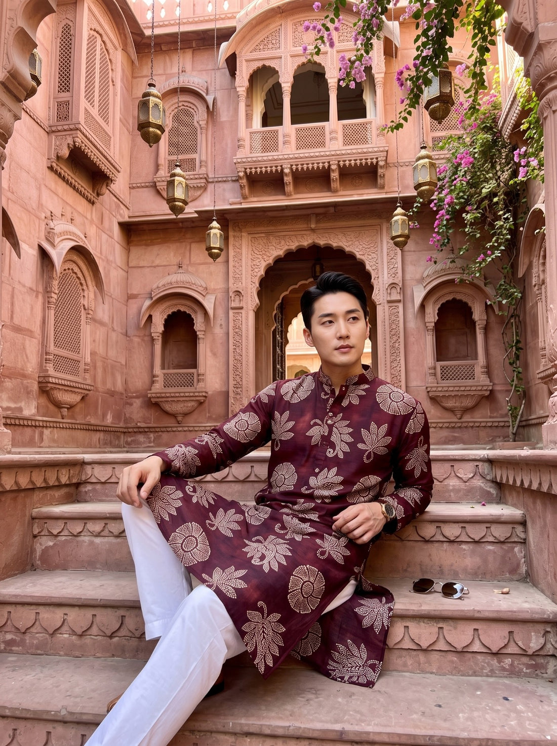 Men's Wine Maroon Beige Botanical Print Viscose Rayon Blend Kurta