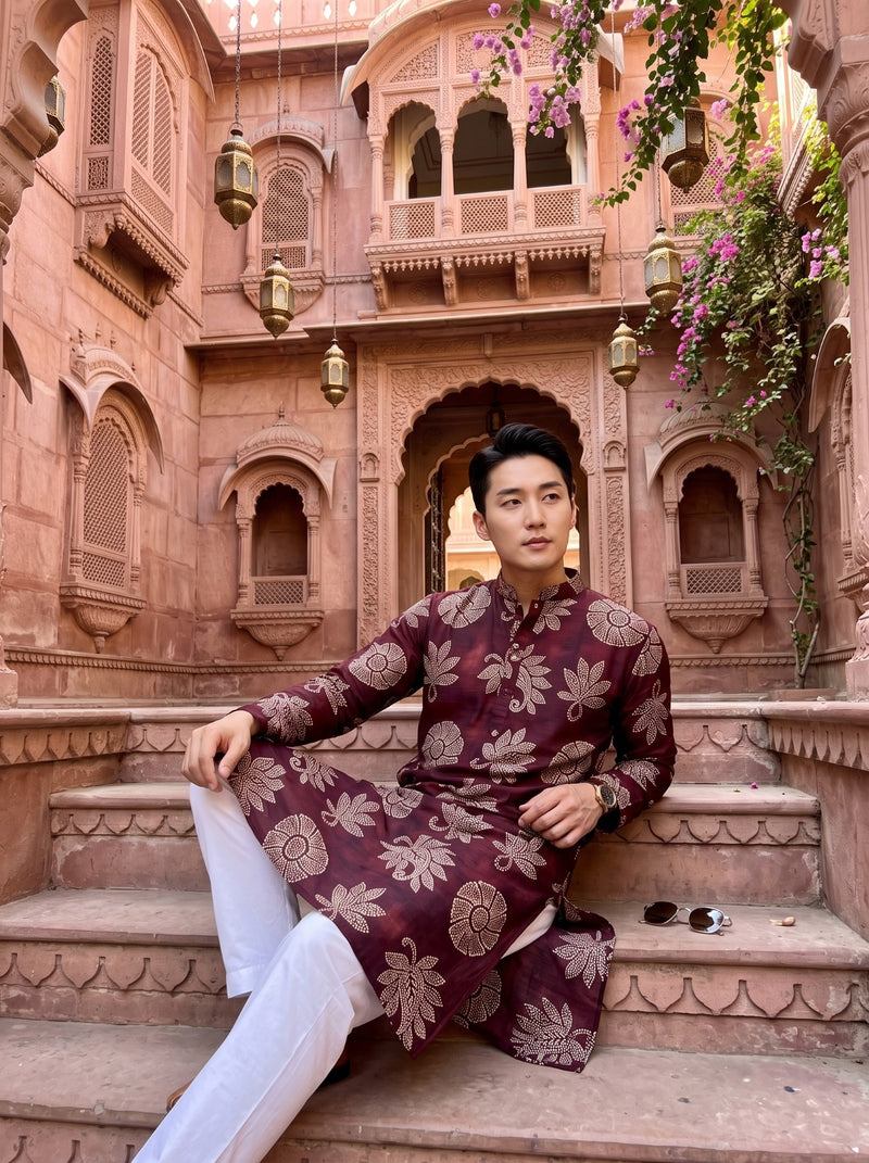 Men's Wine Maroon Beige Botanical Print Viscose Rayon Blend Kurta 11