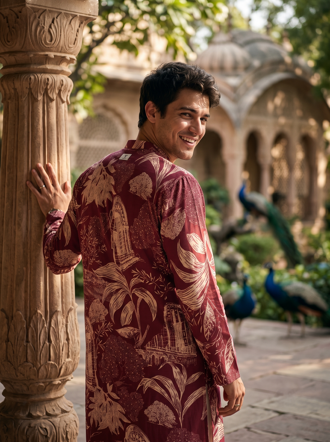 Men's Maroon Floral & Architectural Print Art Silk Blend Kurta