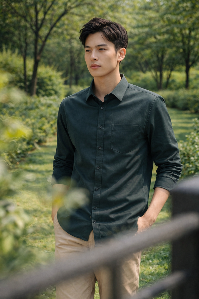 Men's dark green slim-fit casual shirt, product view
