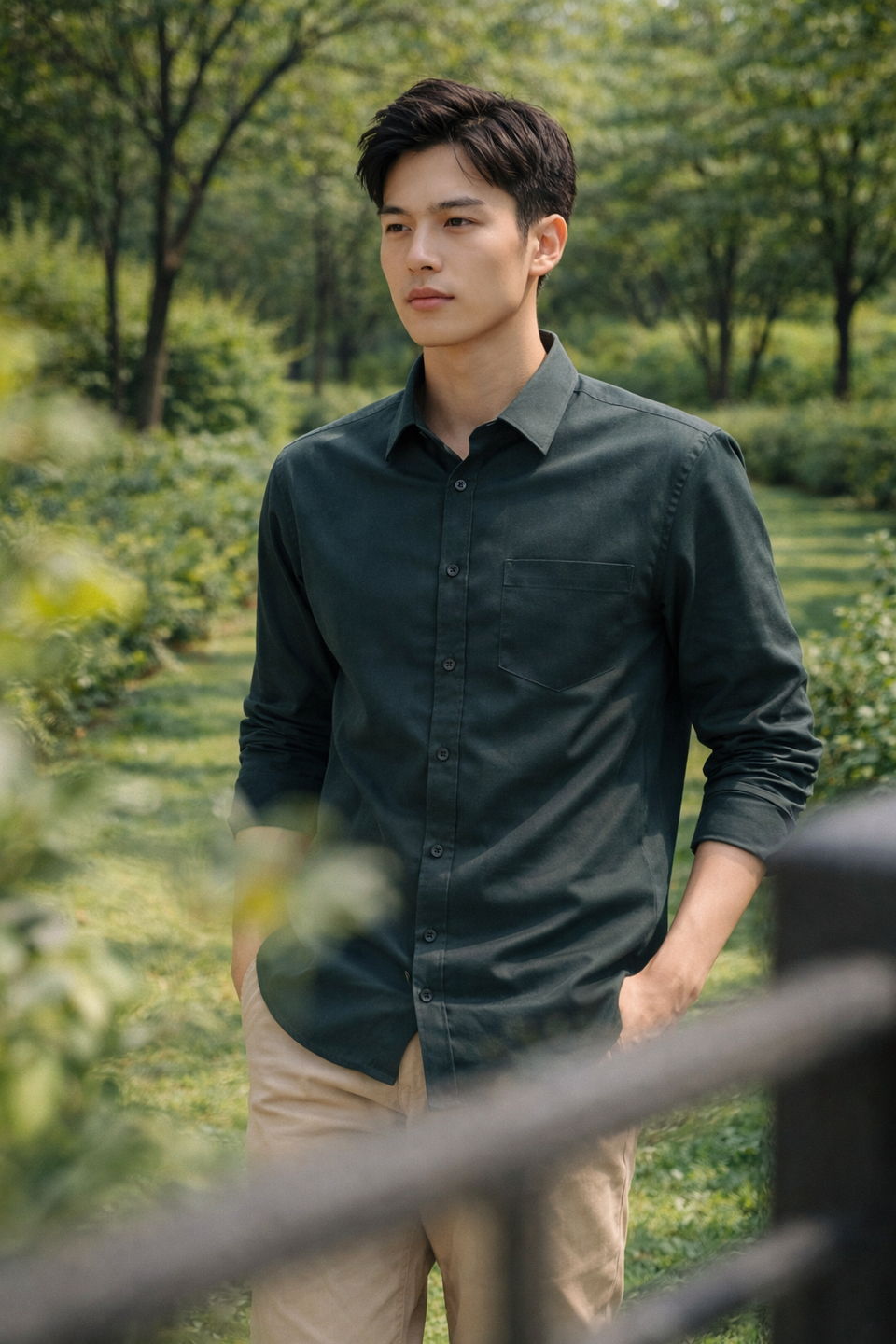 Men's dark green slim-fit casual shirt, product view