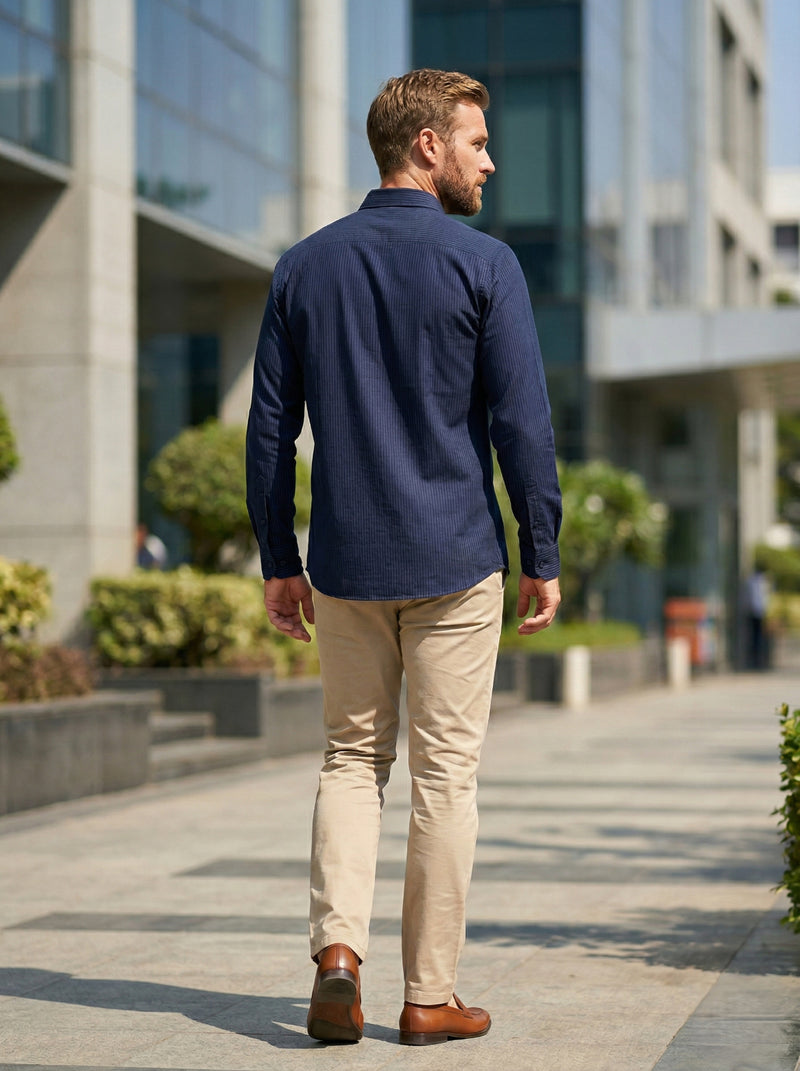 Men Navy Blue Textured Striped Slim Fit Casual Shirt 9