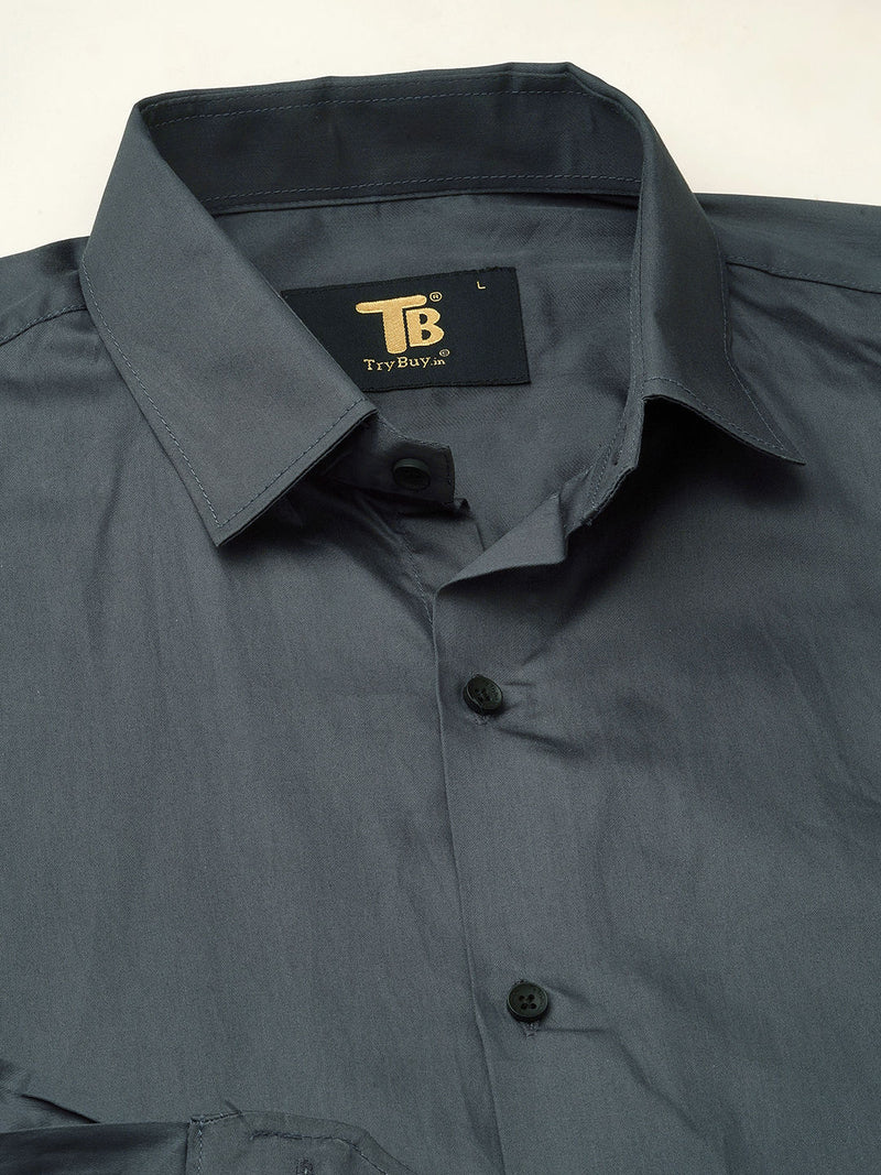 Solid Grey Satin Cotton Shirts for Men 5