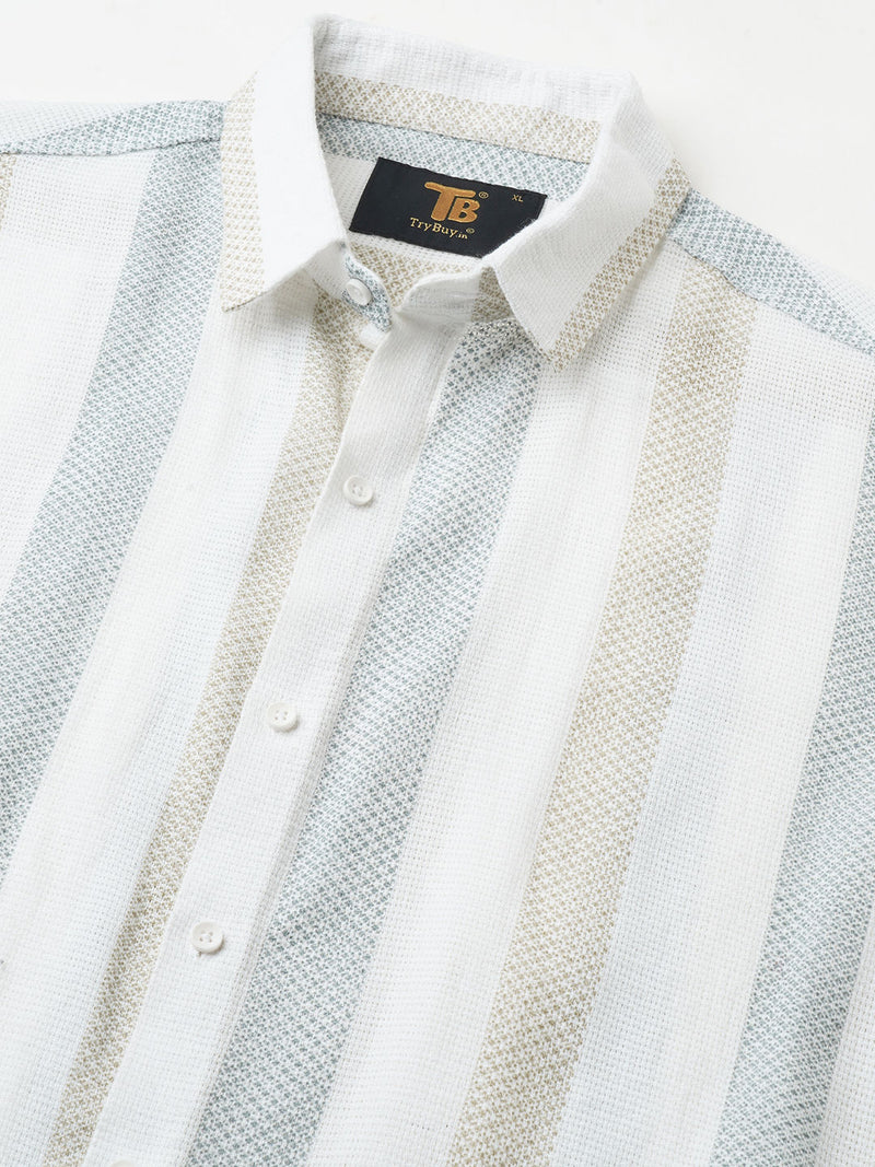 Effortless Cultured Crochet Jute Cotton Striped Half Sleeves Shirt for Men 8
