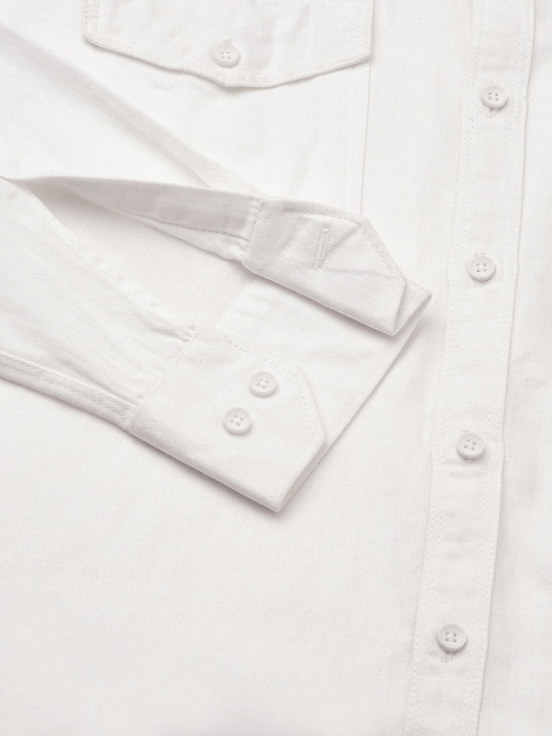 Solid White Cotton Linen Double Pocket Shirts for Men 2